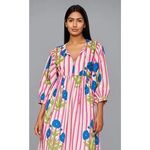 Tuckernuck Style Block Print India Cotton Oversized Midi Peasant Dress S-M